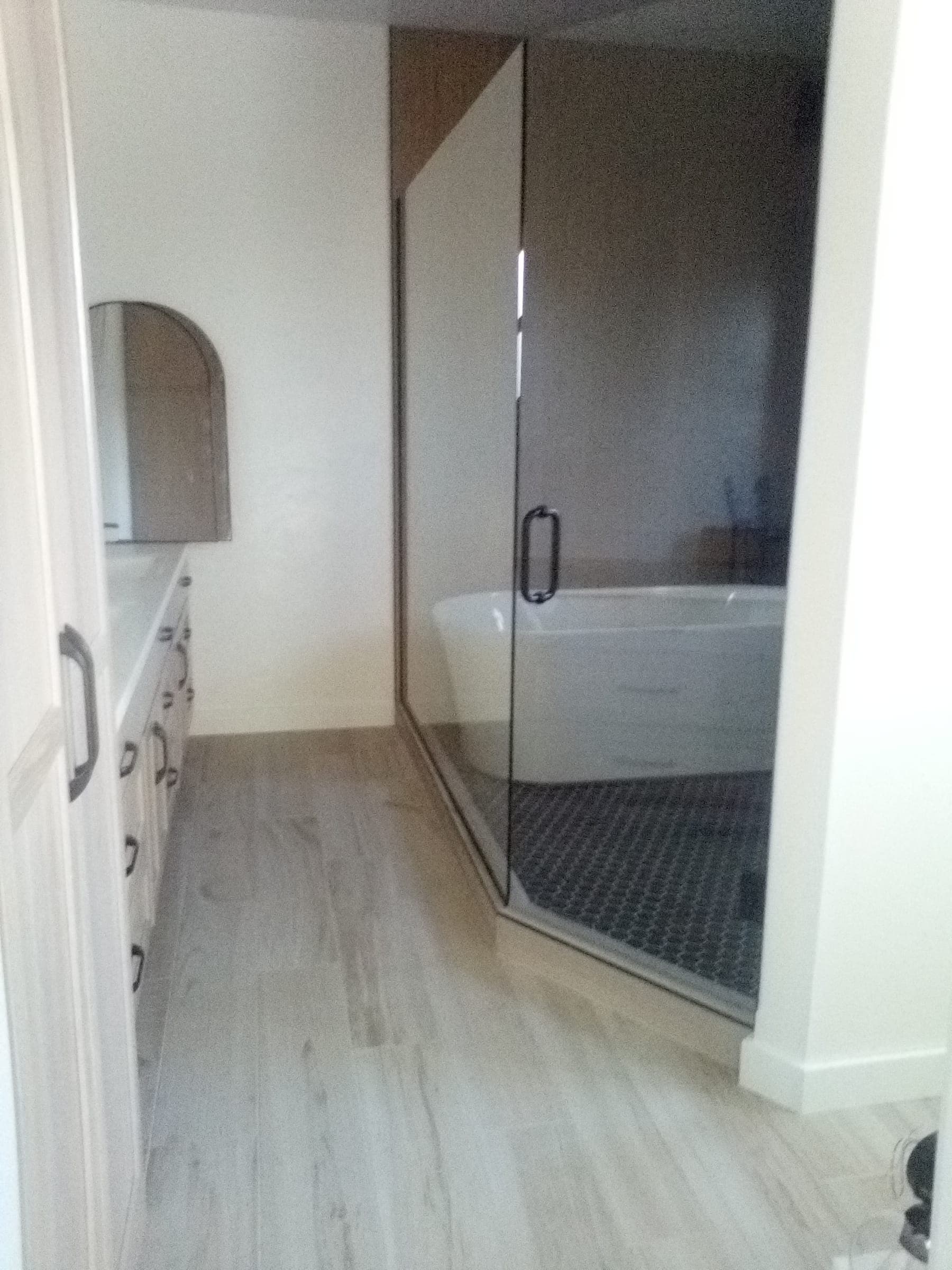 Custom bathroom with glass shower enclosure and freestanding soaking tub built by Starlite Builders
